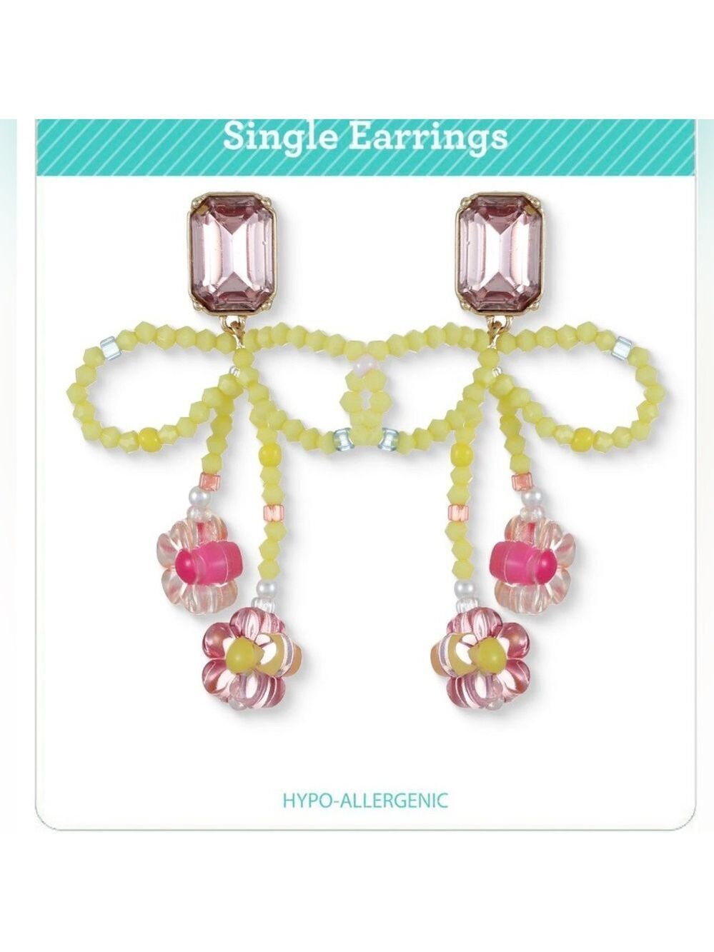 Pastel Bow Beaded Drop Earrings Floral Pink Yellow Goldtone